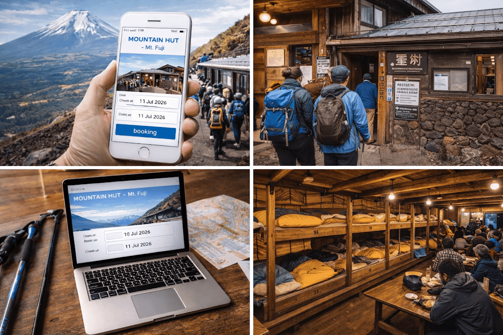 การจองที่พัก Mountain Hut สำหรับปีนภูเขาไฟฟูจิ ปี 2026 พร้อมภาพนักปีนเขาเข้าพักกระท่อมบนเส้นทางขึ้นภูเขาไฟฟูจิในญี่ปุ่น