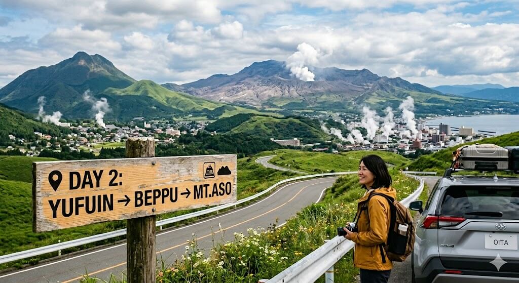 kyushu road trip วันที่ 2 เส้นทางขับรถจาก Yufuin ไป Beppu และ Mt. Aso ทิวทัศน์ภูเขาเขียวขจี เมืองด้านล่างมีไอน้ำพุร้อนลอยขึ้น นักท่องเที่ยวยืนข้างรถ SUV พร้อมกล้อง ถัดจากป้ายไม้เขียนว่า “Day 2: Yufuin → Beppu → Mt. Aso”