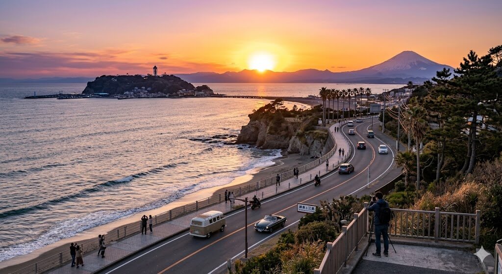 ภาพถ่ายมุมสูงช่วงพระอาทิตย์ตกดิน แสดงบรรยากาศการ เที่ยว Kamakura ด้วยรถเช่าญี่ปุ่น เลียบถนนชายฝั่งสาย 134 ที่มีรถคลาสสิก โดยมีเกาะเอโนชิมะและภูเขาไฟฟูจิเป็นฉากหลัง"