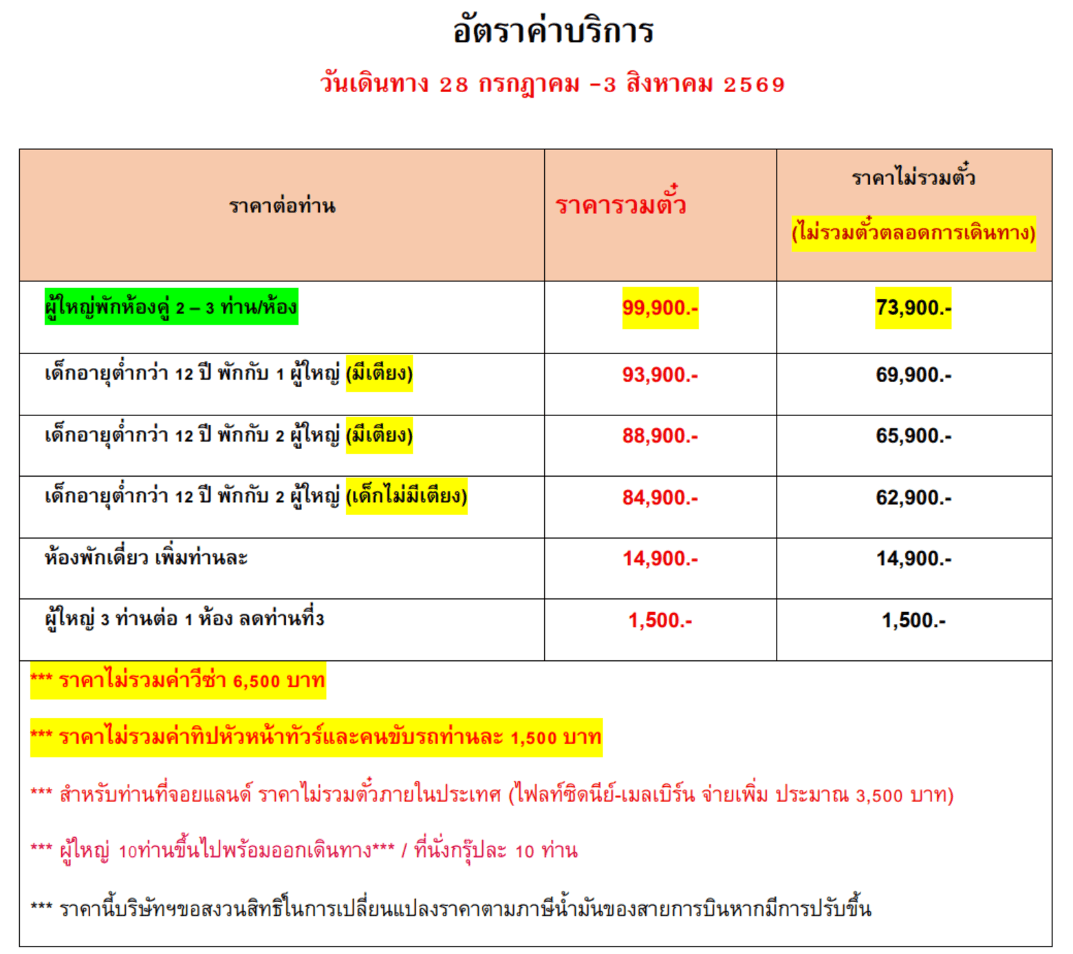 Tour price table