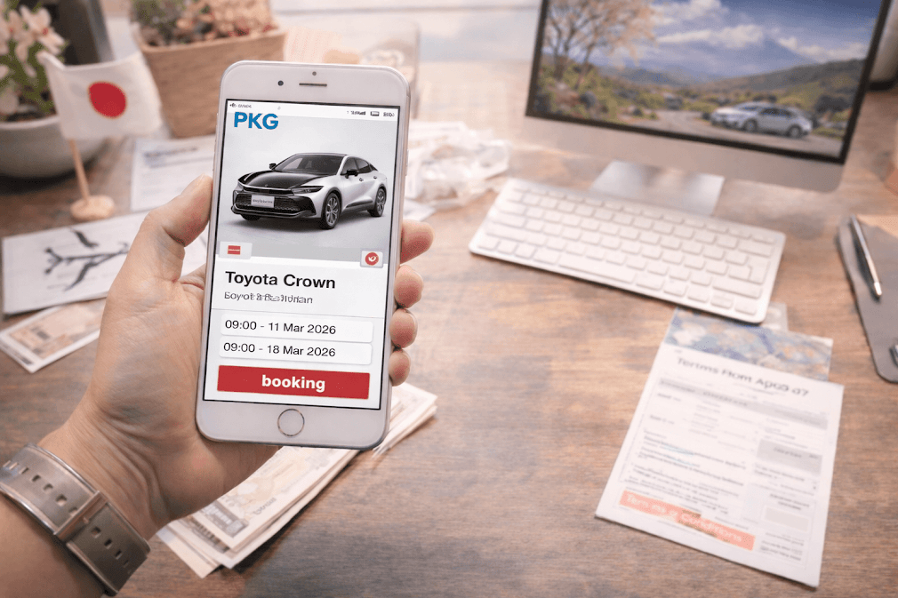 รถเช่าญี่ปุ่น จองรถเช่าผ่านมือถือบนเว็บไซต์ PKG Journey แสดงหน้าจอจอง Toyota Crown สำหรับขับเที่ยวญี่ปุ่นบนโต๊ะทำงาน พร้อมบรรยากาศการวางแผนทริป 🇯🇵🚗