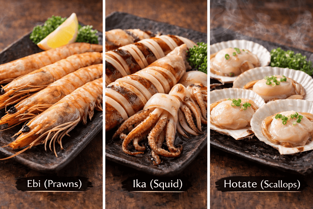 ปิ้งย่างญี่ปุ่น yakiniku คืออะไร – ภาพอาหารทะเลยอดนิยมในร้านยากินิกุ ได้แก่ กุ้ง (Ebi) ปลาหมึก (Ika) และหอยเชลล์ (Hotate) จัดเสิร์ฟบนจานสไตล์ญี่ปุ่น วัตถุดิบสดใหม่ เหมาะสำหรับนำไปย่างบนเตายากินิกุ
