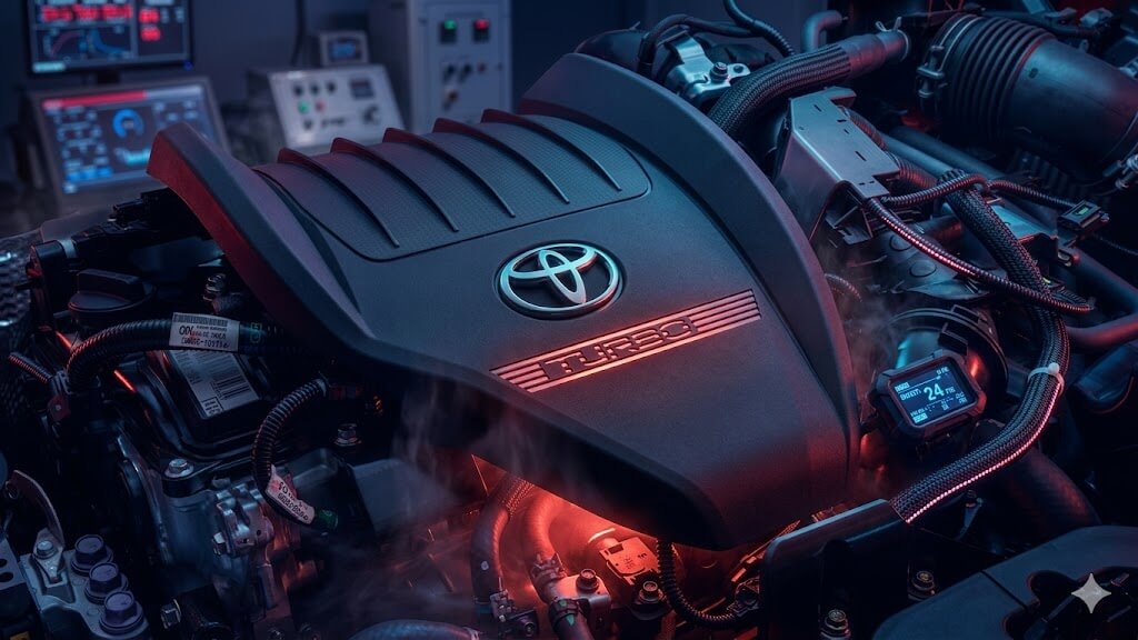 เครื่องยนต์ Toyota แบบเทอร์โบภายในห้องเครื่อง โทนแสงสีแดงและน้ำเงินสไตล์ล้ำสมัย เน้นดีไซน์และเทคโนโลยีสมรรถนะสูง เครื่อง Toyota ดีไหม