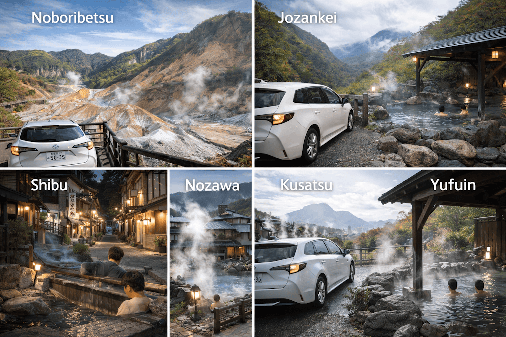 ขับรถเช่าญี่ปุ่นตระเวนหา Onsen รวมแหล่งแช่ออนเซ็นชื่อดังทั่วญี่ปุ่น เช่น Noboribetsu, Jozankei, Shibu Onsen, Nozawa, Kusatsu และ Yufuin เหมาะสำหรับวางแผนเส้นทาง Road Trip แช่น้ำพุร้อนท่ามกลางธรรมชาติญี่ปุ่น ♨️🚗