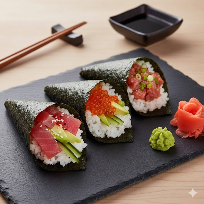 sushi ญี่ปุ่นมีกี่ประเภท ภาพเทมากิซูชิ (Temaki) แบบกรวย 3 ชิ้น ไส้ทูน่า ไข่ปลาแซลมอน และทูน่าสับ วางบนจานหินสีดำ เสิร์ฟพร้อมวาซาบิ ขิงดอง และโชยุ บนโต๊ะไม้สไตล์ญี่ปุ่น