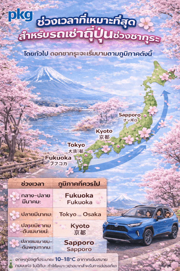 อินโฟกราฟิกภาษาไทยเกี่ยวกับช่วงเวลาที่เหมาะที่สุดสำหรับเช่ารถเที่ยวญี่ปุ่นช่วงซากุระ มีโลโก้ “pkg” มุมซ้ายบน พื้นหลังเป็นภูเขาฟูจิและแม่น้ำล้อมรอบด้วยต้นซากุระสีชมพู แผนที่ประเทศญี่ปุ่นแสดงเมือง Fukuoka, Tokyo, Kyoto และ Sapporo พร้อมลูกศรแสดงทิศทางการบานของซากุระ ด้านล่างมีตารางแนะนำช่วงเวลาเดินทางในแต่ละภูมิภาค และภาพรถยนต์สีน้ำเงินจอดท่ามกลางซากุระบริเวณมุมขวาล่าง ระบุอุณหภูมิประมาณ 10–18°C เหมาะกับการขับรถท่องเที่ยว