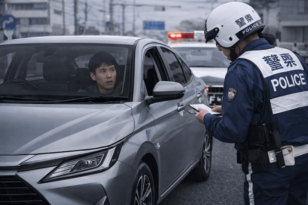 คนไทยขับรถเช่าญี่ปุ่นโดนตำรวจจับต้องทำไง ภาพนักท่องเที่ยวกำลังขับรถเช่าที่ญี่ปุ่นและถูกตำรวจเรียกตรวจเอกสารใบขับขี่ข้างทางบนถนนในญี่ปุ่น 🚓🚗