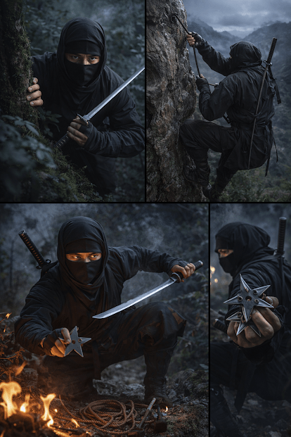 นินจาญี่ปุ่นกำลังใช้ดาบและดาวกระจาย shuriken แสดงทักษะการพรางตัว ปีนผา และศิลปะการต่อสู้ของนักรบลับญี่ปุ่น