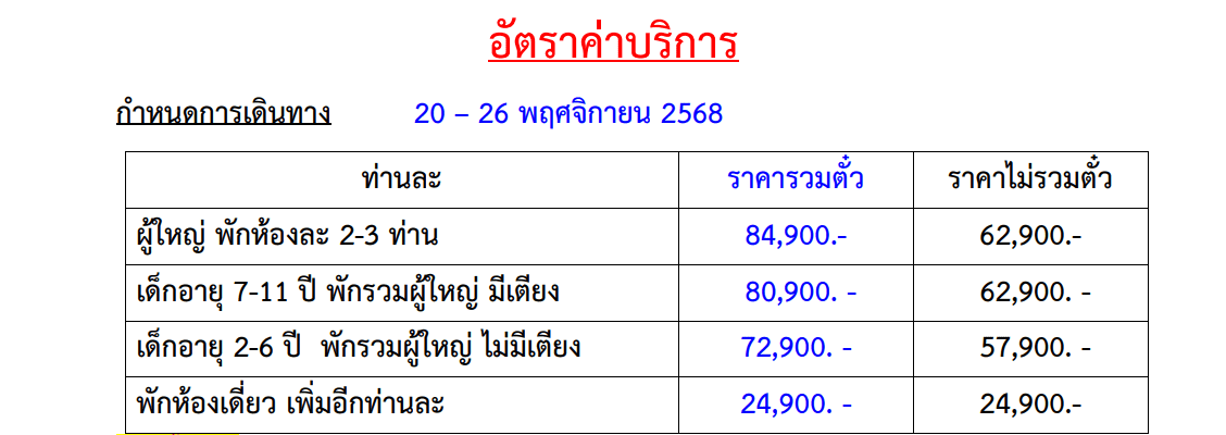 Tour price table