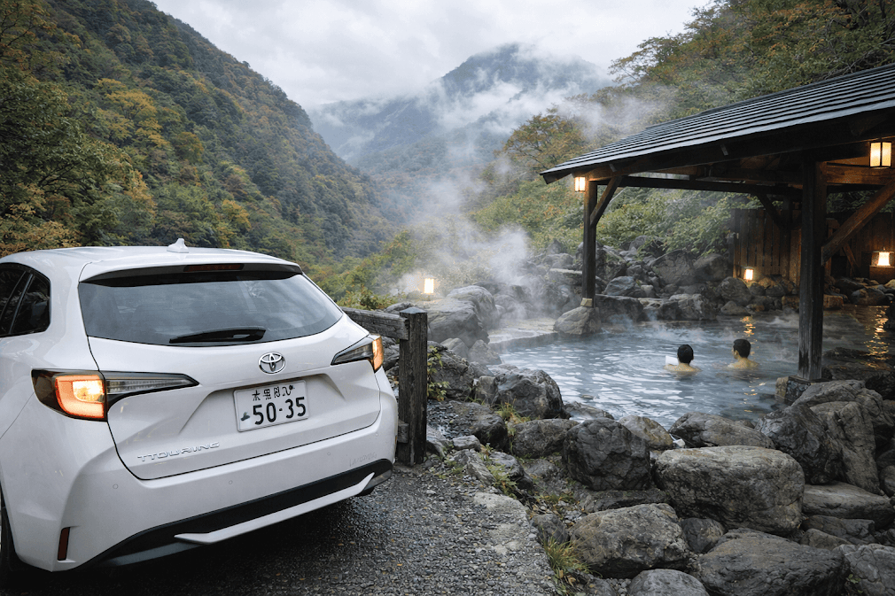 ขับรถเช่าญี่ปุ่นตระเวนหา Onsen แวะพักแช่ออนเซ็นกลางหุบเขาธรรมชาติในญี่ปุ่น รถเช่าจอดใกล้บ่อออนเซ็นกลางแจ้ง บรรยากาศ Road Trip เที่ยวญี่ปุ่นสายออนเซ็น ♨️🚗