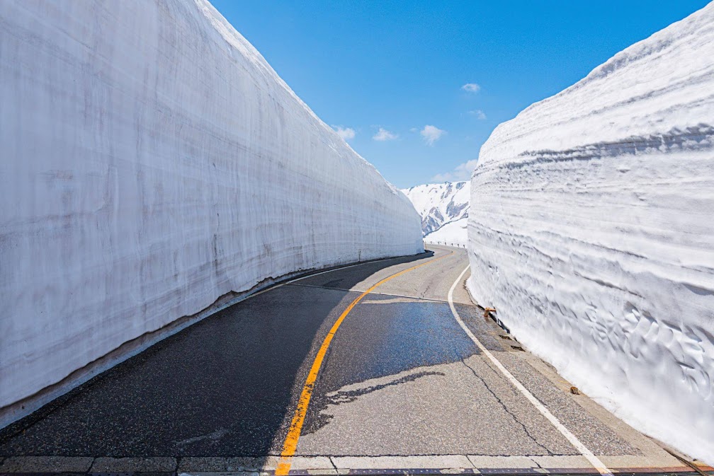 "ภาพถนนลาดยางที่ตัดผ่านกำแพงหิมะสูงชัน (Snow Wall) สองข้างทางบนเส้นทางยอดนิยมสำหรับการ ขับรถเที่ยว japan alps ด้วยรถเช่าญี่ปุ่น แสดงให้เห็นความมหัศจรรย์ของเส้นทาง Tateyama Kurobe Alpine Route ในช่วงฤดูใบไม้ผลิที่ท้องฟ้าเปิดกว้างและมีแดดจ้า"