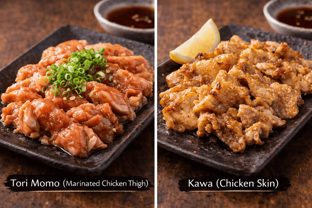 ปิ้งย่างญี่ปุ่น yakiniku คืออะไร – ภาพเนื้อไก่ยากินิกุ Tori Momo (เนื้อสะโพกไก่หมักซอส) และ Kawa (หนังไก่) จัดวางบนจานสไตล์ญี่ปุ่น เหมาะสำหรับย่างบนเตาถ่าน ให้รสชาติหอม นุ่ม และฉ่ำแบบต้นตำรับญี่ปุ่น