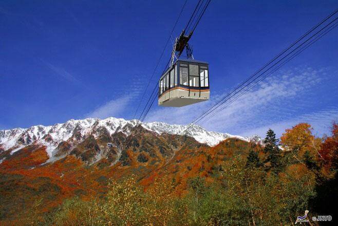ภาพถ่ายทัศนียภาพอันงดงามของเทือกเขาแอลป์ญี่ปุ่น (Japan Alps) ที่ปกคลุมด้วยหิมะและป่าไม้เปลี่ยนสีในช่วงฤดูใบไม้ร่วง โดยมีกระเช้าลอยฟ้าทาเตยามะ (Tateyama Ropeway) เคลื่อนตัวผ่าน พร้อมด้วยรถเช่า SUV สีเงินที่จอดอยู่ที่จุดชมวิว และป้ายข้อมูลแนะนำเส้นทางท่องเที่ยวสำหรับผู้ที่วางแผน ขับรถเที่ยว japan alps ด้วยรถเช่าญี่ปุ่น ในบรรยากาศท้องฟ้าสดใส"