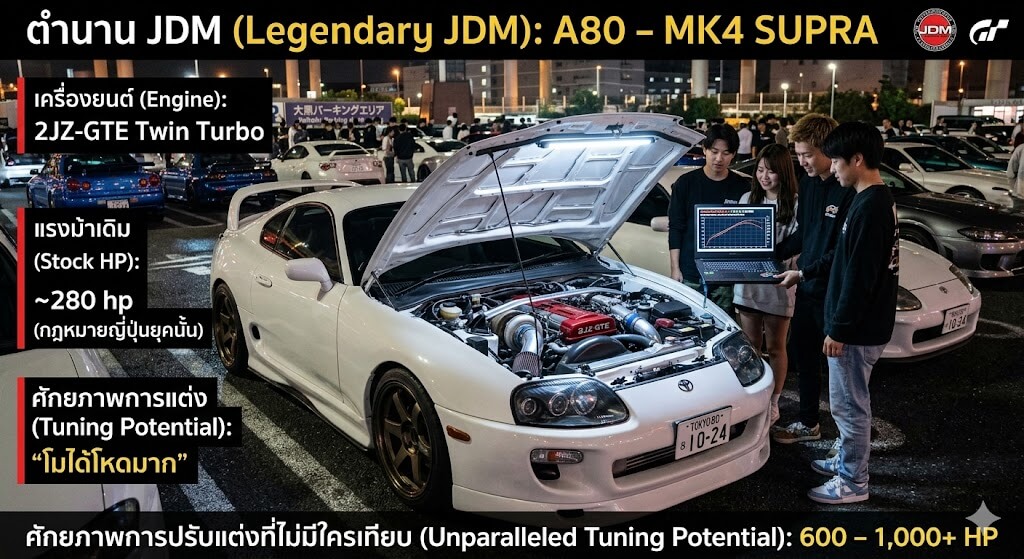 supra แรงไหม ภาพ Toyota Supra MK4 เปิดฝากระโปรงโชว์เครื่องยนต์ 2JZ-GTE Twin Turbo ในงานรวมรถ JDM พร้อมข้อมูลแรงม้าและศักยภาพการแต่งสูงถึง 600–1,000+ HP