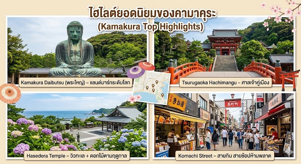 เที่ยว Kamakura ด้วยรถเช่าญี่ปุ่น รวมไฮไลต์ยอดนิยมทั้งพระใหญ่ Kamakura Daibutsu ศาลเจ้า Tsurugaoka Hachimangu วัด Hasedera และถนน Komachi Street แหล่งกินช้อปชื่อดัง
