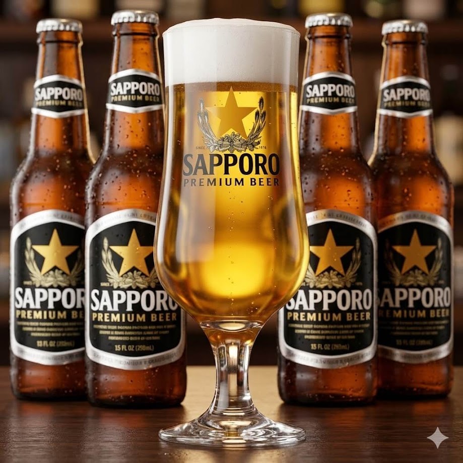 ภาพถ่ายระยะใกล้สุดคมชัดของแก้วเบียร์ขาสูงที่เต็มไปด้วยเบียร์ Sapporo Premium Beer สีทองพร้อมฟองหนานุ่ม วางอยู่ตรงกลาง รายล้อมด้วยขวดเบียร์ Sapporo ขนาด 15 FL OZ จำนวน 5 ขวด บนเคาน์เตอร์ไม้ ฉากหลังเป็นชั้นวางบรรยากาศร้านอาหารญี่ปุ่นแบบบาร์ (Izakaya) มีการทำเครื่องหมายข้อความภาษาไทย 'เบียร์ญี่ปุ่น ยอดนิยม' บนขวดอย่างชัดเจน"