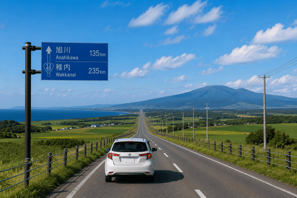 รถยนต์สีขาวขับบนถนนที่ทอดยาวเป็นเส้นตรงมุ่งหน้าสู่ Asahikawa และ Wakkanai ท่ามกลางทุ่งหญ้าสีเขียวและวิวทะเลในทริปขับรถเที่ยว hokkaido