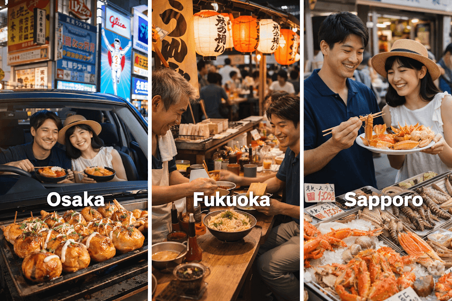 รถเช่าญี่ปุ่น ตระเวนหาของกิน Food Road Trip ญี่ปุ่น แวะกินทาโกะยากิ ราเมน และอาหารทะเลใน Osaka Fukuoka และ Sapporo