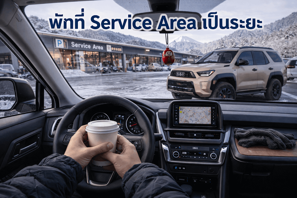 ขับรถเที่ยวญี่ปุ่นฤดูหนาวอย่างปลอดภัย แวะพักที่ Service Area บนทางด่วนญี่ปุ่นระหว่างขับรถท่ามกลางหิมะ ดื่มกาแฟพักร่างกายก่อนเดินทางต่อ พร้อมวิวภูเขาไฟฟูจิในฤดูหนาว