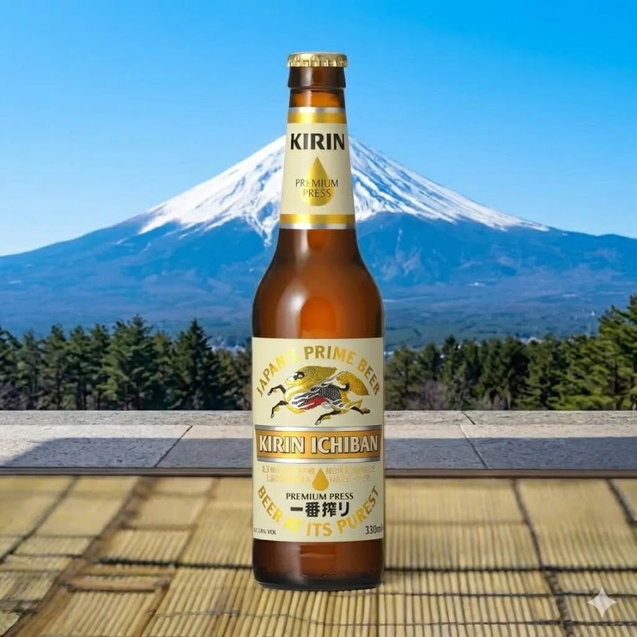 "ภาพถ่ายระยะใกล้ของขวด Kirin Ichiban Shibori เบียร์ญี่ปุ่น ยอดนิยม วางอยู่บนเสื่อทาทามิ ฉากหลังเป็นภูเขาไฟฟูจิและทิวสนอันสวยงาม"