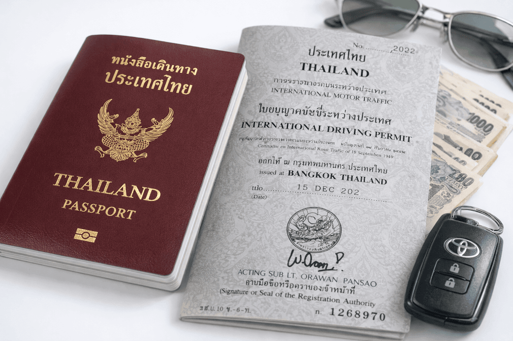 คนไทยขับรถเช่าญี่ปุ่นโดนตำรวจจับต้องทำไง ภาพพาสปอร์ตไทยและใบขับขี่สากลวางคู่กับกุญแจรถเช่า เอกสารสำคัญที่ต้องใช้เมื่อถูกตำรวจตรวจระหว่างขับรถเที่ยวในญี่ปุ่น 🚗📘