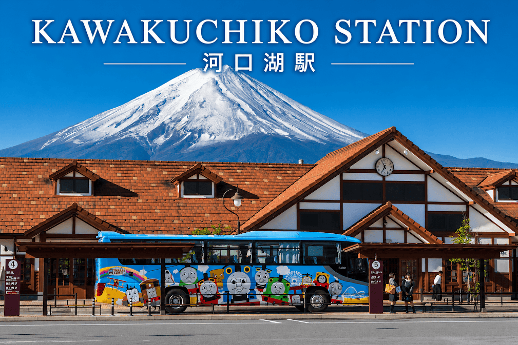 "Kawakuchiko Station กับวิวภูเขาไฟฟูจิและรถบัส Thomas Land หนึ่งใน 10 จุดถ่ายรูปภูเขาไฟฟูจิ 2026 ที่นักท่องเที่ยวห้ามพลาด"