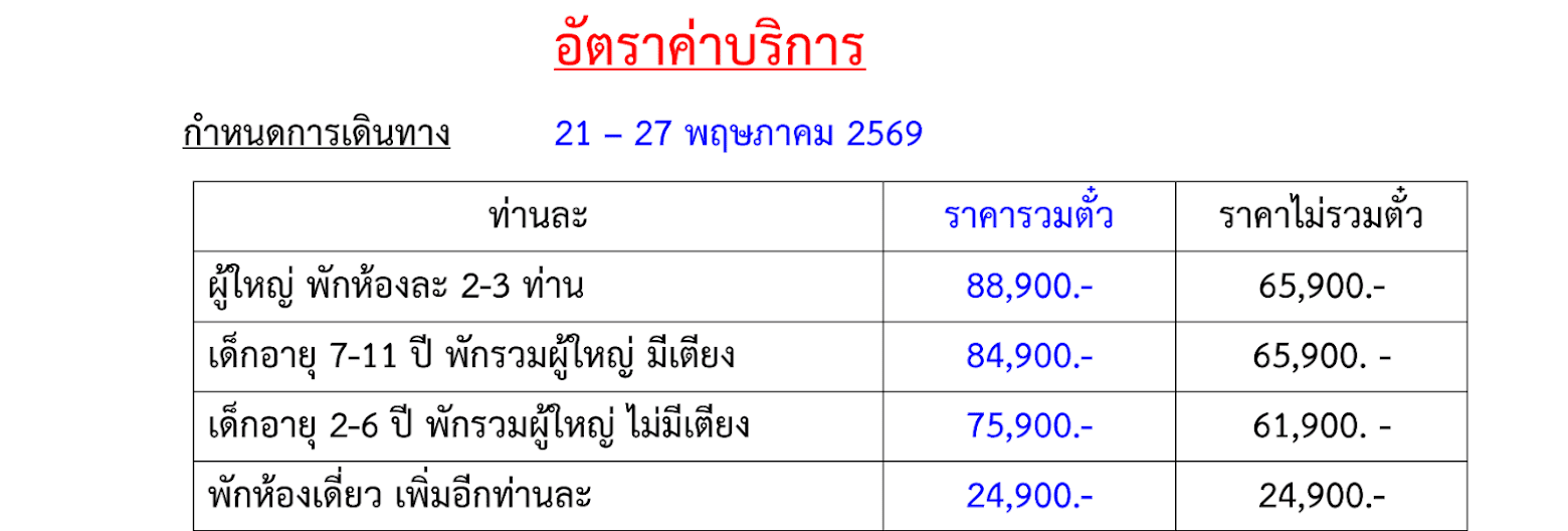 Tour price table