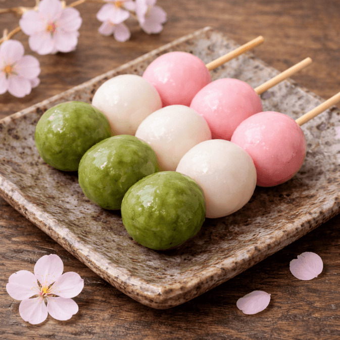 ดังโงะ 3 สี (Hanami Dango) ขนมยอดนิยมช่วงเที่ยวญี่ปุ่น ฤดูซากุระ ขนมอะไรห้ามพลาด วางบนจานเซรามิกท่ามกลางดอกซากุระสีชมพู บรรยากาศฤดูใบไม้ผลิญี่ปุ่น