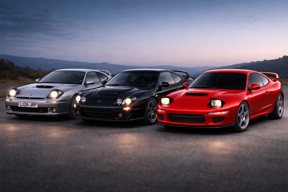 Toyota Celica สามคันต่างสีจอดเรียงกันบนถนนช่วงพระอาทิตย์ตก มีทั้งสีเงิน สีดำ และสีแดง ดีไซน์สปอร์ตพร้อมไฟหน้าเปิด ท่ามกลางวิวภูเขาและท้องฟ้าโทนเย็นยามเย็น