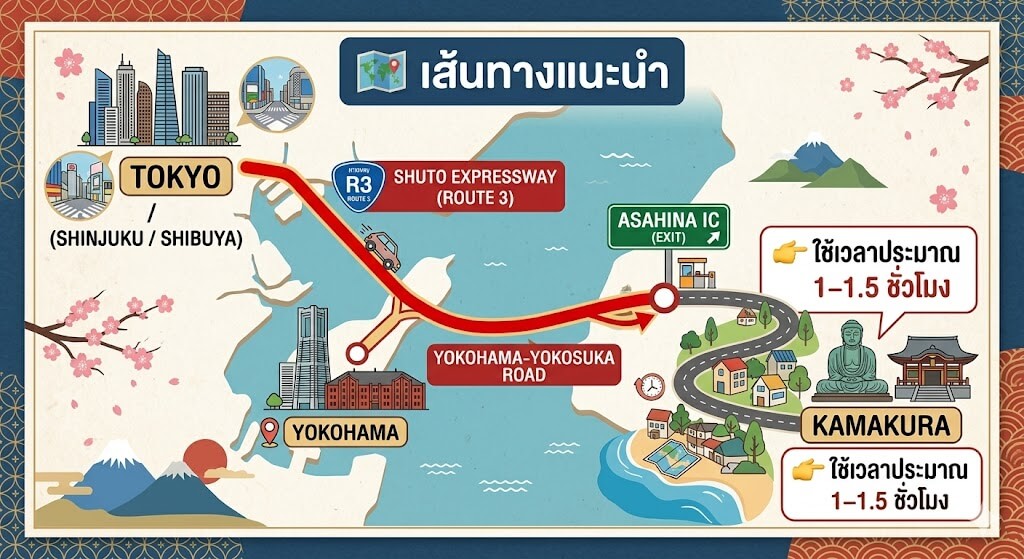 เที่ยว Kamakura ด้วยรถเช่าญี่ปุ่น แผนที่เส้นทางจาก Tokyo ผ่าน Shuto Expressway และ Yokohama-Yokosuka Road ไปยัง Kamakura พร้อมจุดทางออก Asahina IC และระยะเวลาเดินทางประมาณ 1–1.5 ชั่วโมง
