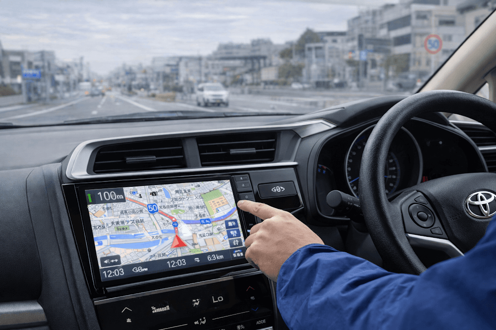 คนขับกำลังกดหน้าจอระบบนำทางในรถ Toyota ขณะ ขับรถเที่ยวญี่ปุ่นด้วย GPS แผนที่แสดงเส้นทางบนถนนในเมืองญี่ปุ่นพร้อมข้อมูลระยะทางและทิศทาง ช่วยให้นักท่องเที่ยวใช้รถเช่าขับเที่ยวได้สะดวกและไม่หลงทาง 🚗🗺️