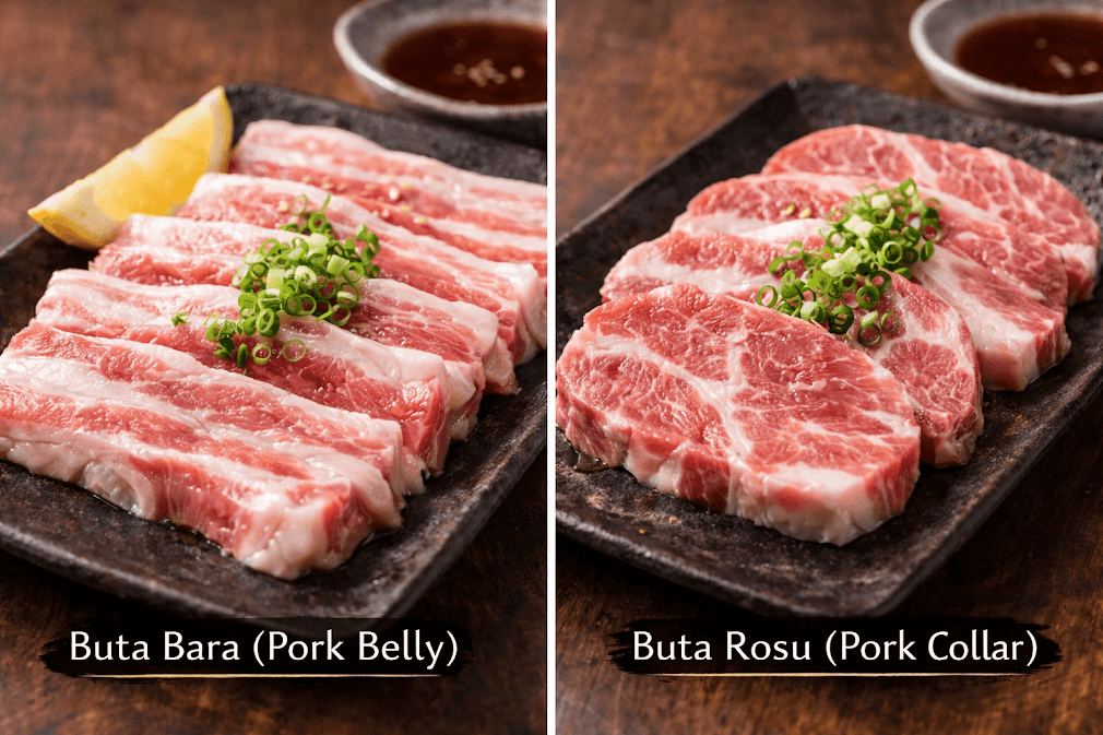 ปิ้งย่างญี่ปุ่น yakiniku คืออะไร – ภาพเนื้อหมูยากินิกุ Buta Bara (หมูสามชั้น) และ Buta Rosu (หมูคอ) หั่นชิ้นพอดีคำ จัดวางบนจานสไตล์ญี่ปุ่น พร้อมมะนาวและซอสสำหรับย่างบนเตาถ่านแบบดั้งเดิม