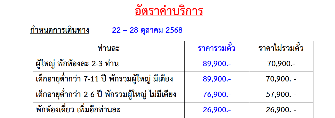 Tour price table