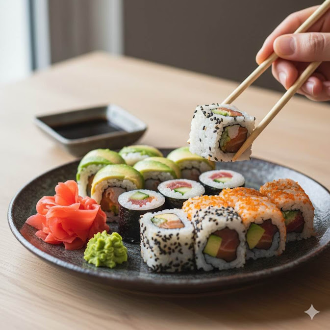 sushi ญี่ปุ่นมีกี่ประเภท ภาพซูชิรวมหลากหลายแบบบนจานสีดำ มีมากิซูชิ แซลมอนโรล อะโวคาโดโรล ขิงดองและวาซาบิ พร้อมตะเกียบคีบชิ้นซูชิด้านบน โต๊ะไม้บรรยากาศร้านอาหารญี่ปุ่น