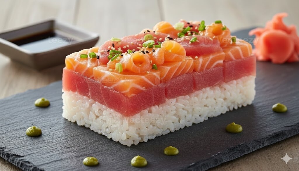 sushi ญี่ปุ่นมีกี่ประเภท ภาพโอชิซูชิ (Oshi Sushi) แบบกดอัดเป็นทรงสี่เหลี่ยม ชั้นข้าวซูชิประกบด้วยปลาทูน่าและแซลมอนด้านบน ตกแต่งด้วยต้นหอมและงา เสิร์ฟบนจานหินสีดำพร้อมโชยุ วาซาบิ และขิงดอง