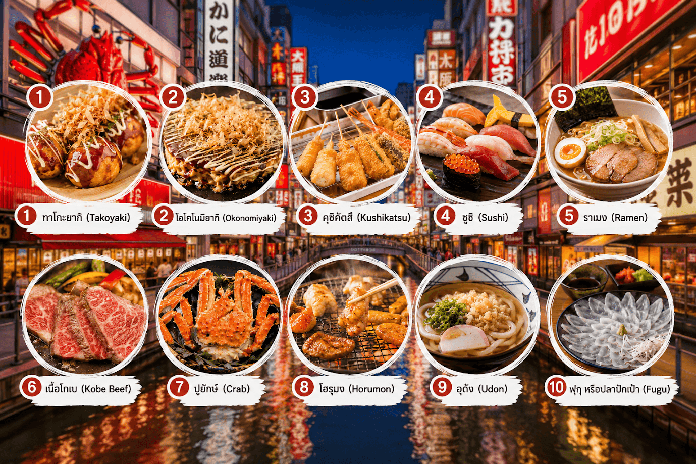 แนะนำของกินโอซาก้า 10 เมนูห้ามพลาดในโอซาก้า ทั้งทาโกะยากิ โอโคโนมิยากิ คุชิคัตสึ ซูชิ ราเมง เนื้อโกเบ ปูยักษ์ โฮรุมง อุด้ง และฟุกุ อาหารญี่ปุ่นยอดนิยมในย่านโดทงโบริ