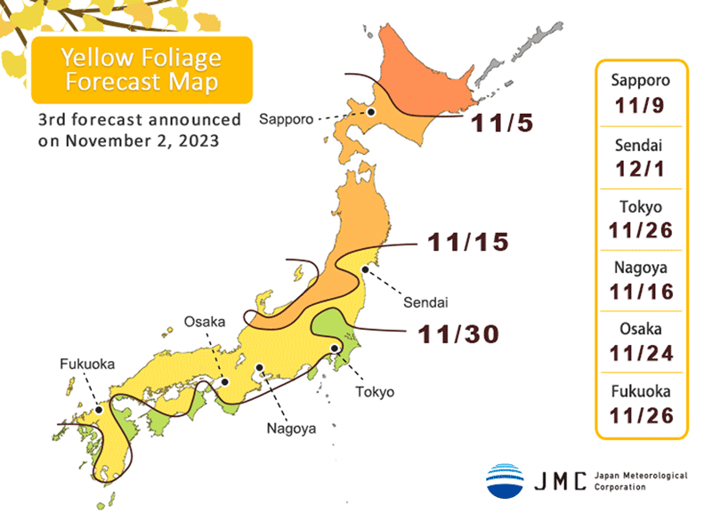 พยากรณ์ใบไม้เปลี่ยนสี Japan Yellow Foliage Forecast Map ทั่วประเทศญี่ปุ่น ประกาศครั้งที่ 3 ณ วันที่ 02 พฤศจิกายน 2023