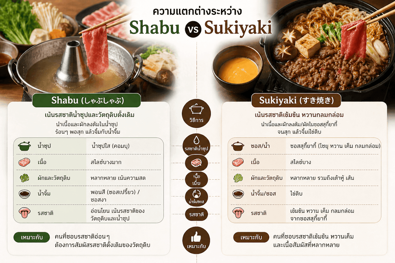 อินโฟกราฟิกเปรียบเทียบ shabu คืออะไร กับ Sukiyaki แบบเข้าใจง่าย แสดงความแตกต่างของชาบูและสุกี้ยากี้ทั้งน้ำซุป เนื้อ ผัก น้ำจิ้ม รสชาติ และวิธีรับประทาน โดยฝั่ง Shabu เน้นน้ำซุปใสคอมบุ รสอ่อนและจิ้มซอสพอนสึ ส่วน Sukiyaki เน้นซอสหวานเค็มเข้มข้นและจิ้มไข่ดิบ"