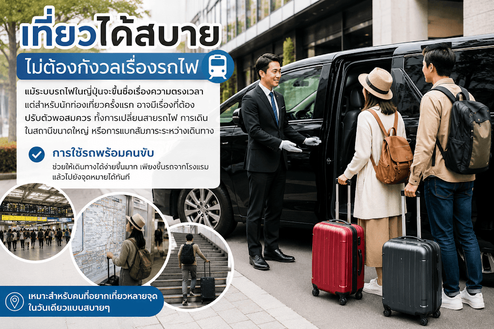 อินโฟกราฟิกแนะนำ ข้อดีของรถพร้อมคนขับในโตเกียว ช่วยให้เที่ยวสบายไม่ต้องกังวลเรื่องรถไฟ ไม่ต้องแบกกระเป๋าขึ้นบันไดหรือหลงทางในสถานีใหญ่ มีภาพคนขับรถตู้สีดำเปิดประตูต้อนรับนักท่องเที่ยวคู่รักที่มาพร้อมกระเป๋าเดินทางใบใหญ่