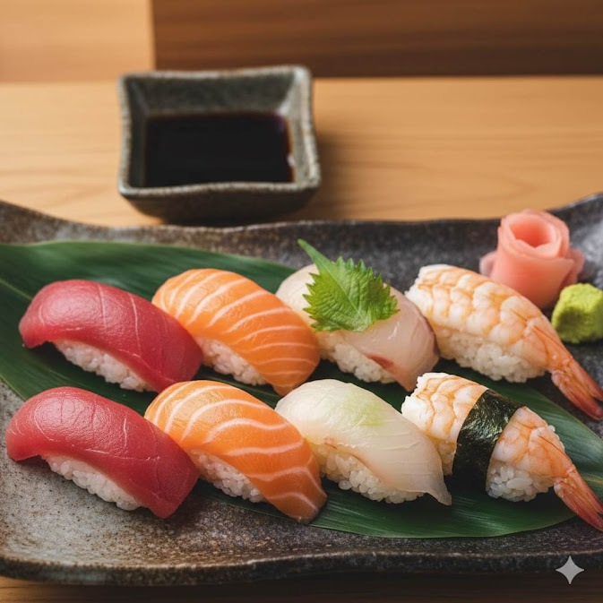 นิกิริซูชิ (Nigiri Sushi) จัดเรียงบนใบไผ่ในจานเซรามิก ประกอบด้วยทูน่า แซลมอน ปลาขาว และกุ้ง เสิร์ฟพร้อมโชยุและวาซาบิ แสดงตัวอย่าง sushi ญี่ปุ่นมีกี่ประเภท