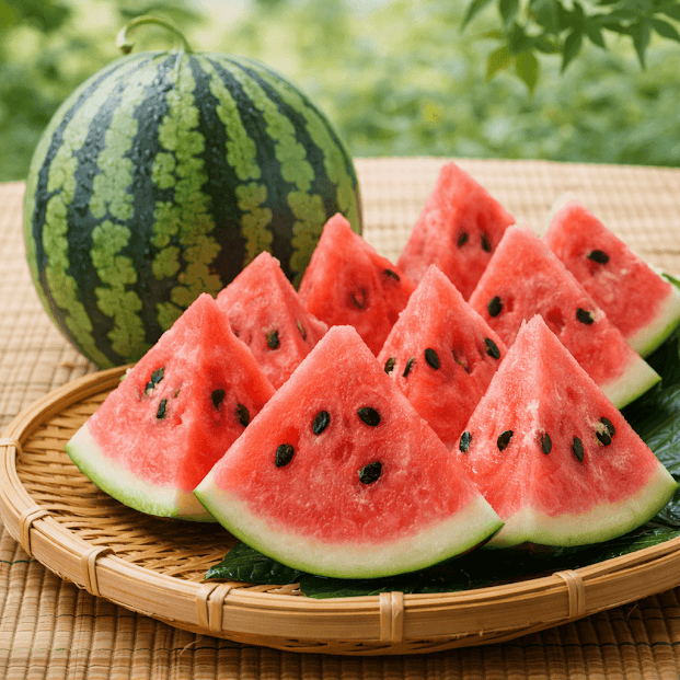 ของกินช่วงฤดูร้อนญี่ปุ่น แตงโมญี่ปุ่นหั่นชิ้นเสิร์ฟบนถาดไม้ไผ่ ผลไม้คลายร้อนยอดนิยมในหน้าร้อน