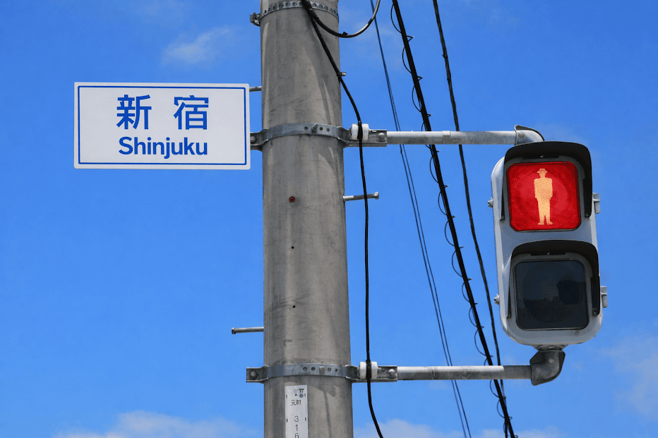 สัญญาณไฟจราจรญี่ปุ่น ป้าย Shinjuku ไฟคนข้ามถนนสีแดงในโตเกียว