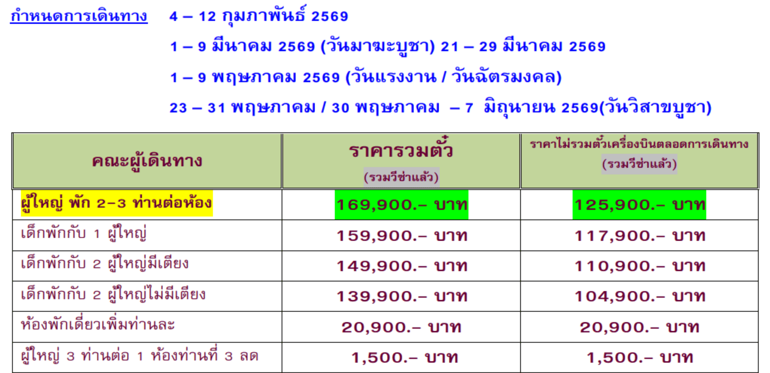 Tour price table