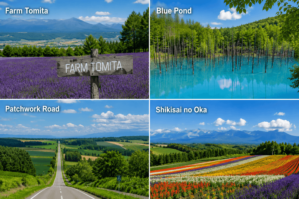 รวมสถานที่ท่องเที่ยวยอดนิยมในฮอกไกโด ได้แก่ Farm Tomita, Blue Pond, Patchwork Road และ Shikisai no Oka จุดหมายยอดฮิตสำหรับนักท่องเที่ยวที่วางแผน  เพื่อชมทุ่งดอกไม้และธรรมชาติอันสวยงาม
