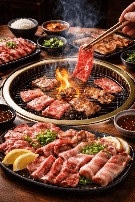 ปิ้งย่างญี่ปุ่น yakiniku คืออะไร ภาพเนื้อวัวและหมูหลายชนิดกำลังย่างบนเตาถ่านยากินิกุ มีเปลวไฟลุกกลางเตา คีบเนื้อด้วยตะเกียบ พร้อมเครื่องเคียง ซอส และข้าวญี่ปุ่นบนโต๊ะไม้แบบร้านปิ้งย่างญี่ปุ่น 🔥🥢🥩