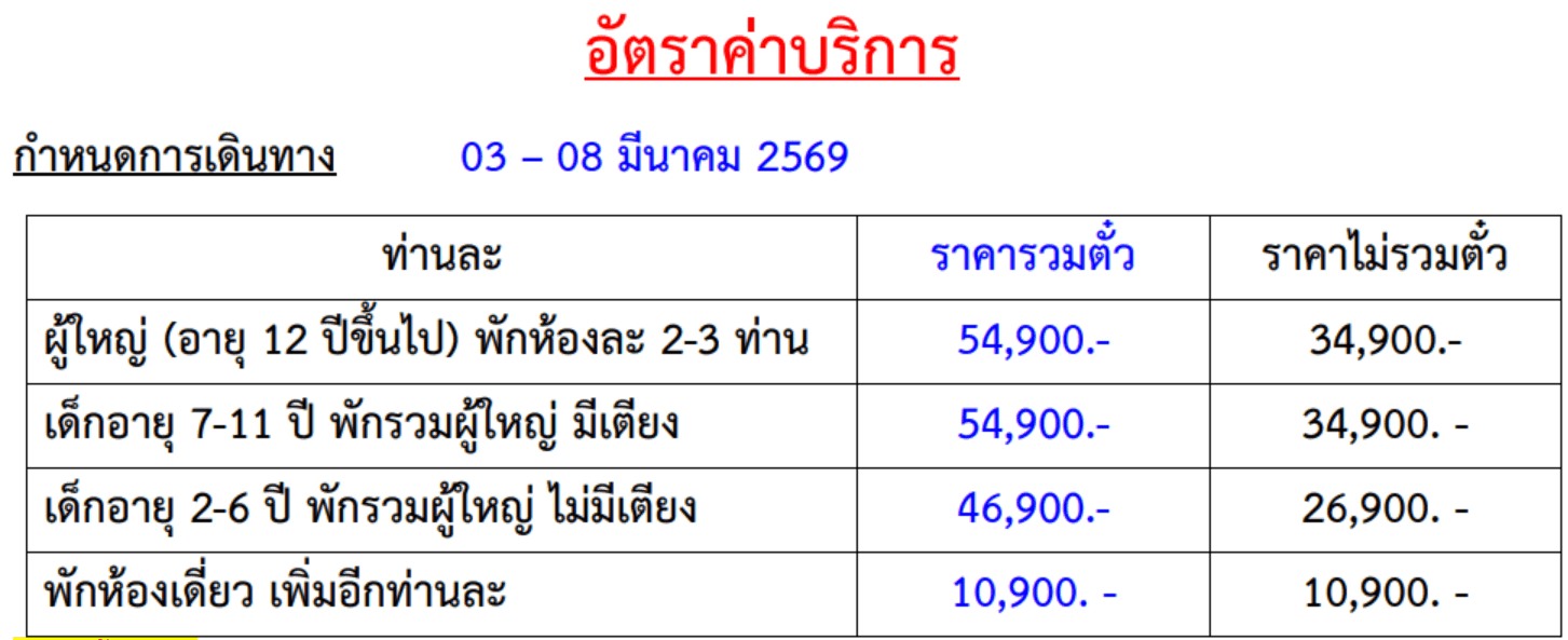 Tour price table