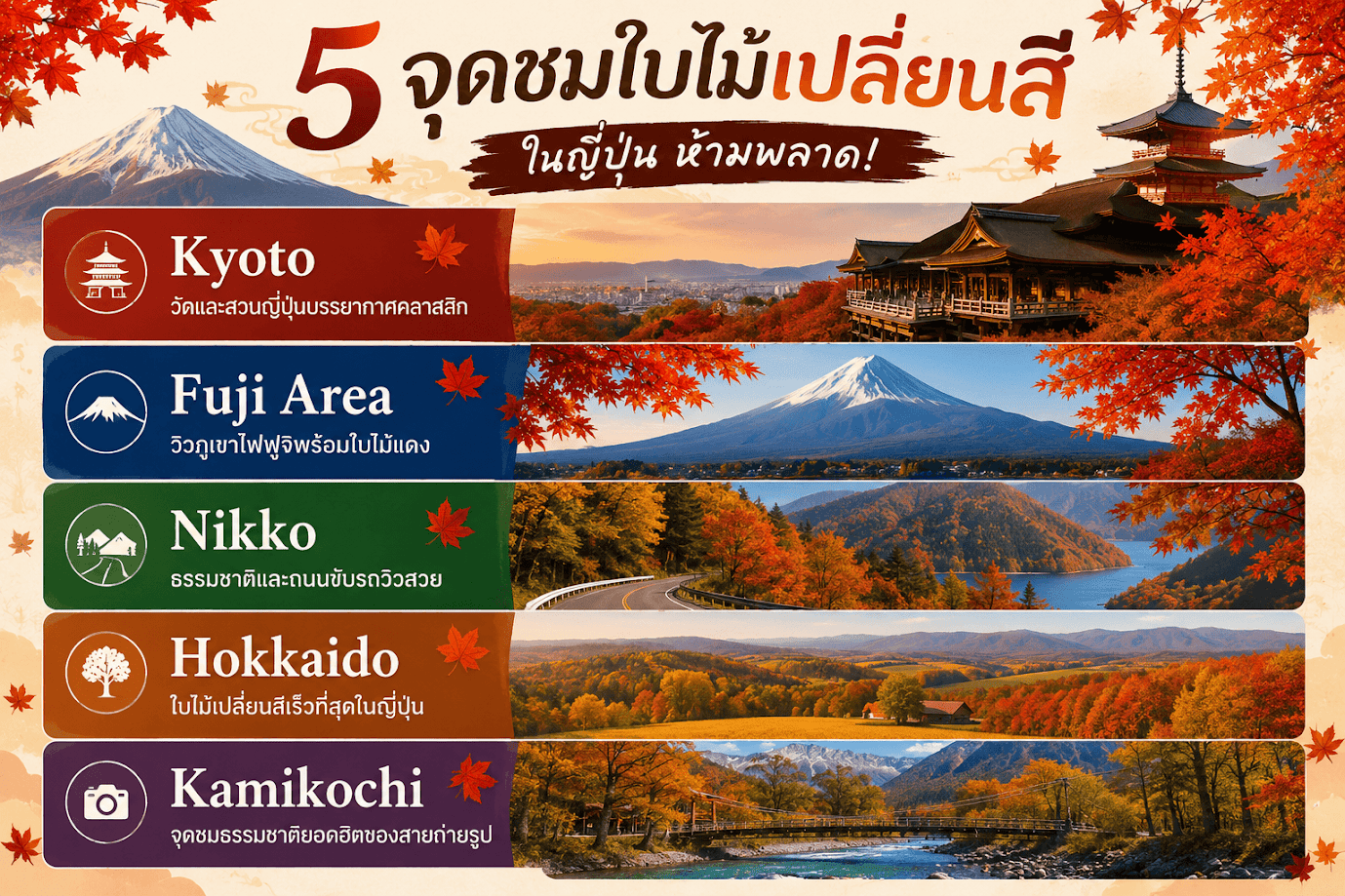 เที่ยวญี่ปุ่นฤดูใบไม้ร่วง แนะนำ 5 จุดชมใบไม้เปลี่ยนสีในญี่ปุ่น ได้แก่ Kyoto, Fuji Area, Nikko, Hokkaido และ Kamikochi พร้อมวิวธรรมชาติสวยงามช่วงใบไม้แดง