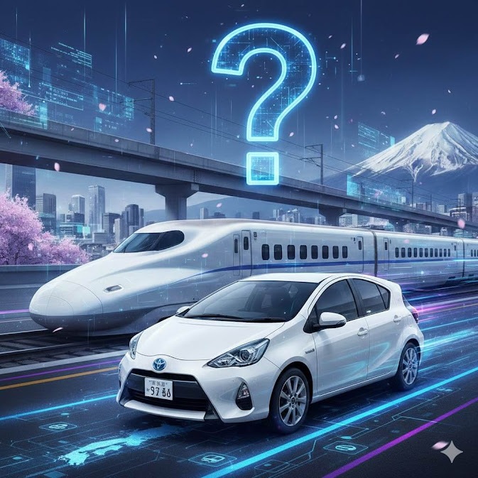 ภาพเปรียบเทียบ รถเช่าญี่ปุ่น กับ รถไฟ อันไหนดีกว่า โดยมีรถยนต์ Toyota สีขาวอยู่ด้านหน้า รถไฟชินคันเซ็นด้านหลัง พร้อมภูเขาไฟฟูจิและเครื่องหมายคำถามขนาดใหญ่ สื่อถึงการตัดสินใจเลือกเดินทางในญี่ปุ่น