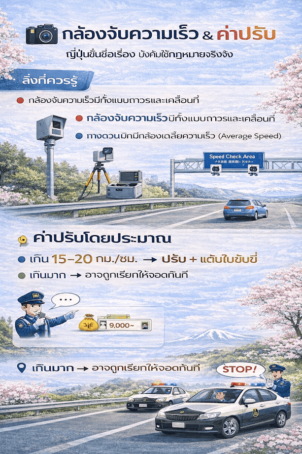 อินโฟกราฟิกอธิบายกล้องจับความเร็วและค่าปรับบนทางด่วนญี่ปุ่น พร้อมข้อมูลว่า ทางด่วนญี่ปุ่น จำกัดความเร็ว กี่กิโล และโทษปรับเมื่อขับเกินกำหนด โดยมีภาพกล้อง Speed Check Area และตำรวจเรียกตรวจ
