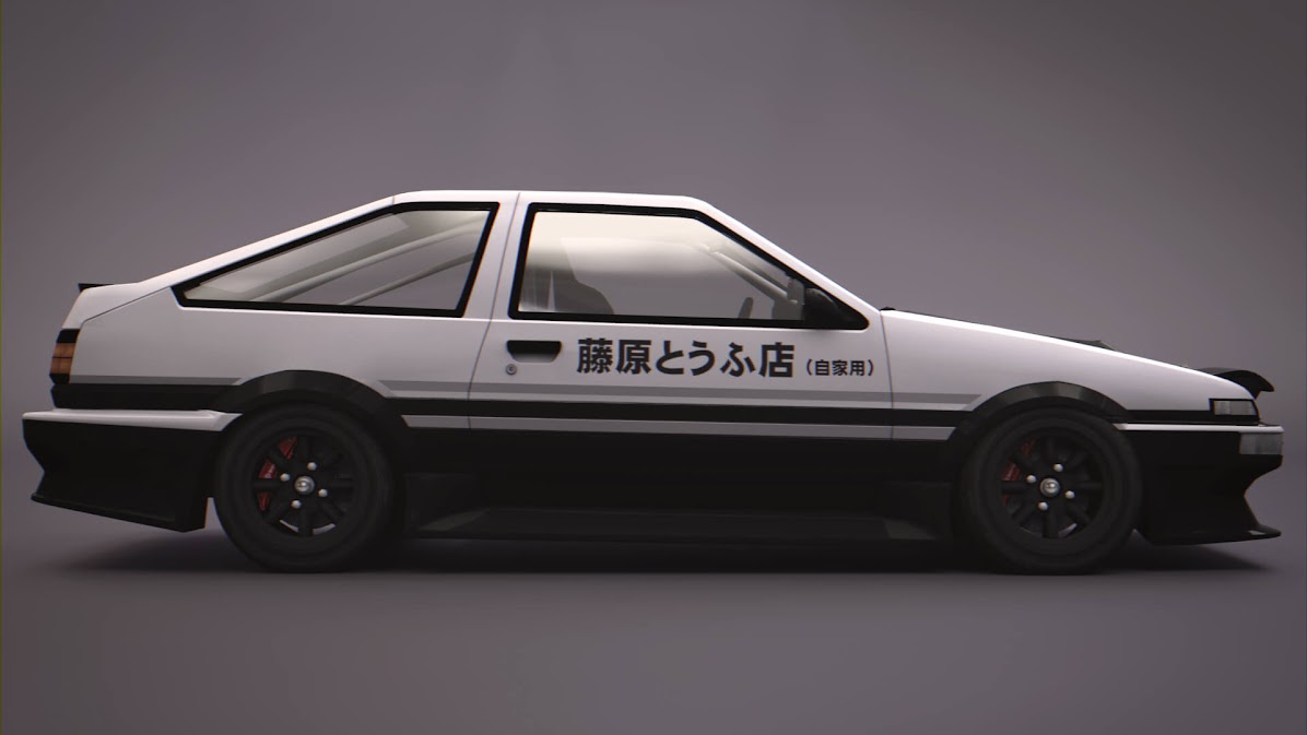 Toyota AE86 ลาย Fujiwara Tofu Shop สีขาวดำ มุมด้านข้างสไตล์ Initial D รถ JDM คลาสสิกยอดนิยม